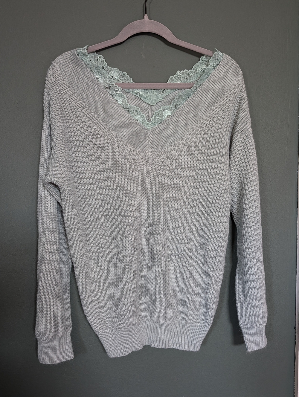 Hem & Thread Light Sage V-Neck Sweater with Lace Trim